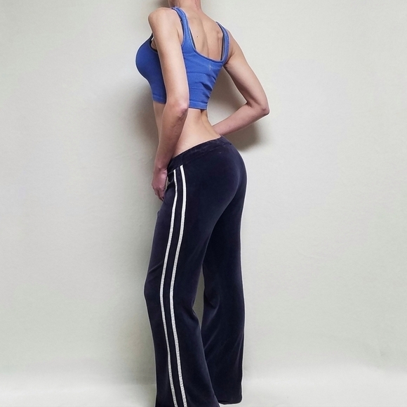 Vintage 90s Cute Girl Royal Blue Velour White Striped Low Rise Flare Track Pants - Picture 3 of 11